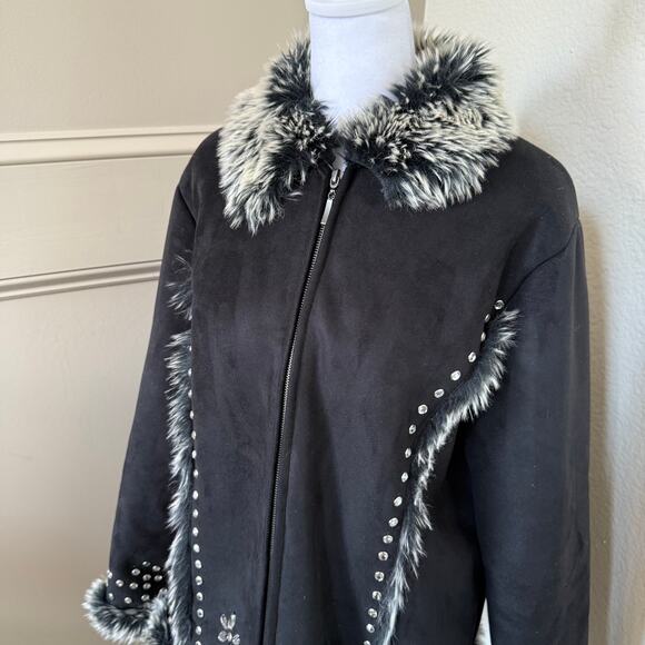 Montanaco Black Faux Suede Fur Jacket Womens L Gem Studs Trim Boho Western Style - Picture 3 of 8